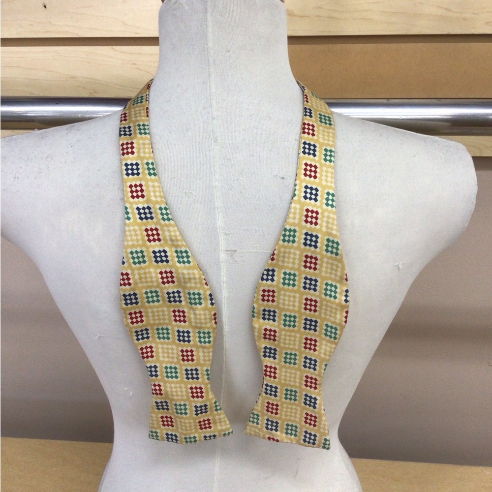 Paul Stuart Yellow Check Silk Bow Tie with Multicolor Accents